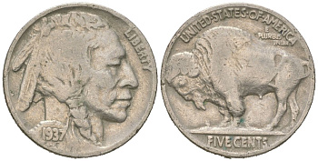 США 5 центов 1937 индеец, бизон KM 134 медно-никель 4614-1267