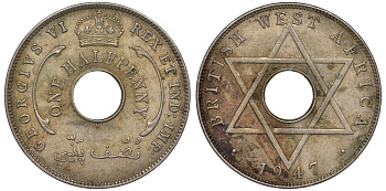 Британская Западная Африка 1/2 пенни 1947 H, Георг VI KM 18 медно-никель 25-2212