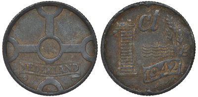 Нидерланды 1 цент 1942 Вильгельмина (1895-1948) KM 170 цинк 4124-552