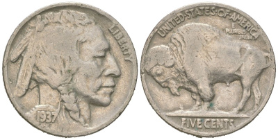 США 5 центов 1937 индеец, бизон KM 134 медно-никель 4614-1267