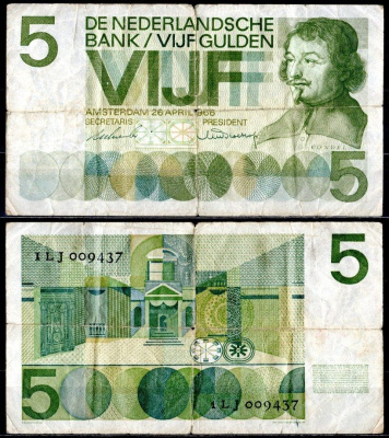 Нидерланды 5 гульденов 1966  Pick 90 a  бумага   7484-3-3-1