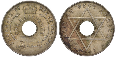 Британская Западная Африка 1/2 пенни 1947 H, Георг VI KM 18 медно-никель 25-2212