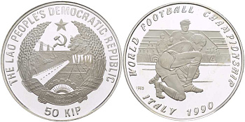 Лаос 50 кипов 1989 Чемпионат мира по футболу в Италии 1990 года, вратарь KM 34 серебро PROOF 1069-10-32