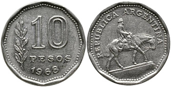 Аргентина 10 песо 1968 Гаучо KM 60 никелированная сталь 4525-946