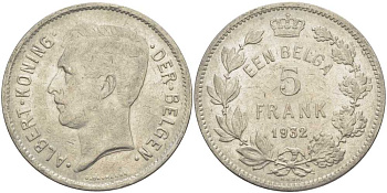 БЕЛЬГИЯ 5 ФРАНКОВ 1932 АЛЬБЕРТ I, DER BELGEN KM 98 никель 3851-425