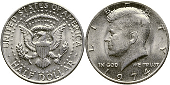 США 1/2 доллара (50 центов) 1974 Джон Кеннеди KM 202b медь плакированная медно-никелем 413-4325