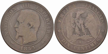 ФРАНЦИЯ 10 САНТИМОВ 1855 A, НАПОЛЕОН III (1852-1870) KM 771.1, LE FRANC 133.18 бронза 38-1116