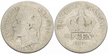 ФРАНЦИЯ 50 САНТИМОВ 1865 А, НАПОЛЕОН III KM 814.1, LE FRANC 188.5 серебро 3309-134