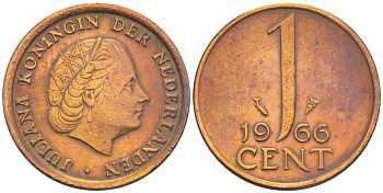 НИДЕРЛАНДЫ 1 ЦЕНТ 1966 ЮЛИАНА (1948-1980) KM 180 бронза 3309-333