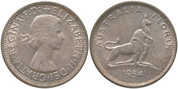 Австралия 1 флорин = 2 шиллинга 1954 Королевский визит в Австралию, Елизавета II (1952-2022), английский лев и кенгуру KM 55 серебро 81-144