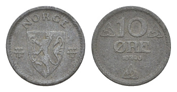 Норвегия 10 эре 1943 Хокон VII (1905-1957) KM 389 цинк 4632-1133