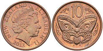 Новая Зеландия 10 центов 2013 маска Маори, Елизавета II (1952-) KM 117а сталь плакированная медью 84-446