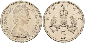 Великобритания 5 пенсов 1968 Елизавета II (1952-2022), в лаке KM 911, Spink 4233 (D1) медно-никель 92-633