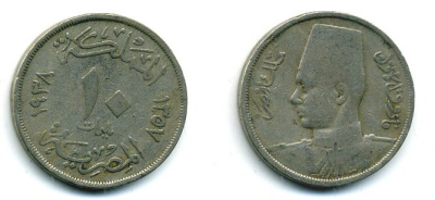 Египет 10 миллимов 1938 АН 1357, Фарук I (1936-1952) KM 364 медно-никель 41-627