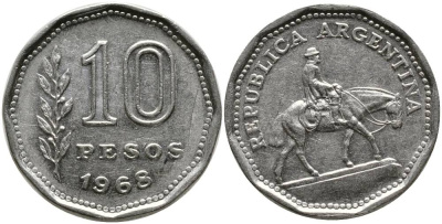 Аргентина 10 песо 1968 Гаучо KM 60 никелированная сталь 4525-946