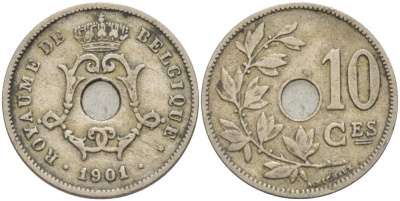 Бельгия 10 сантимов 1901 Belgique, Леопольд I (1865-1909) KM 48 медно-никель     4544-1213