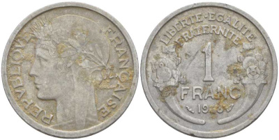 ФРАНЦИЯ 1 ФРАНК 1948 ТИП MORLON, LEGERE KM 885a.1, LE FRANC 221.13 алюминий 175-445