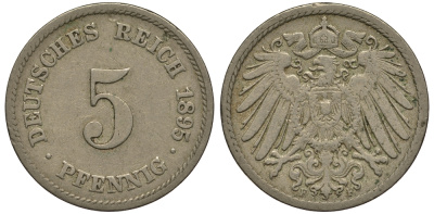 Германия 5 пфеннигов 1895 F KM 11, Jager 12, Weege 6 медно-никель 413-5234