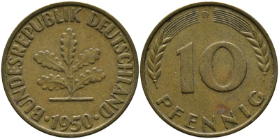 ФРГ 10 ПФЕННИГОВ 1950 D KM 108, J.383 сталь плакированная латунью 33-116