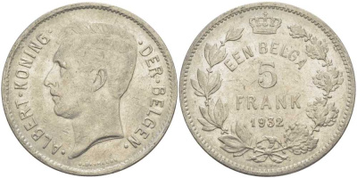 БЕЛЬГИЯ 5 ФРАНКОВ 1932 АЛЬБЕРТ I, DER BELGEN KM 98 никель 3851-425