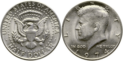 США 1/2 доллара (50 центов) 1974 Джон Кеннеди KM 202b медь плакированная медно-никелем 413-4325