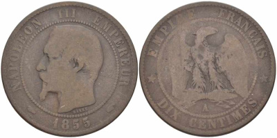 Франция 10 сантимов 1855 A, Наполеон III (1852-1870) KM 771.1, Le Franc 133.18 бронза    4680-516
