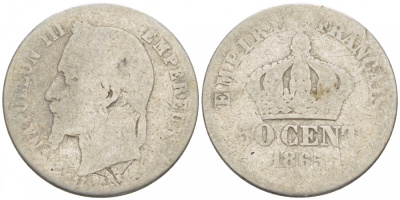 ФРАНЦИЯ 50 САНТИМОВ 1865 А, НАПОЛЕОН III KM 814.1, LE FRANC 188.5 серебро 3309-134