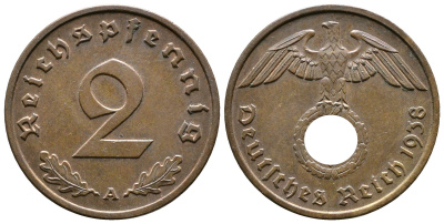 Германия 2 рейхспфеннига 1938 A KM 90, J. 362 бронза 176-922