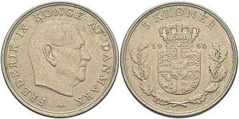 ДАНИЯ 5 КРОН 1966 C; S, ФРЕДЕРИК IX (1947-1972) KM 853.1 медно-никель 38-445