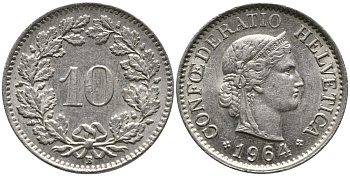 ШВЕЙЦАРИЯ 10 РАППЕНОВ 1964 В KM 27 медно-никель 4539-456