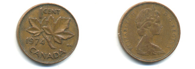 Канада 1 цент 1974 Елизавета II (1952-2022), кленовый лист KM 59.1 бронза 177-1342
