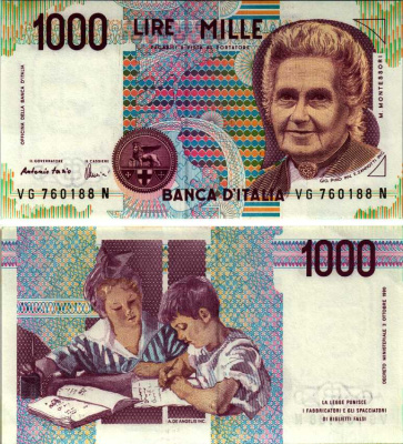 Италия 1000 лир 1990 Мария Монтессори Pick 114с бумага UNC (пресс) 7183-26-2-2