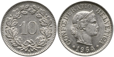 ШВЕЙЦАРИЯ 10 РАППЕНОВ 1964 В KM 27 медно-никель 4539-456