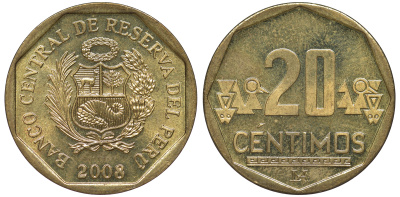 Перу 20 сентимо 2008 KM 306.4 латунь aUNC 4605-446