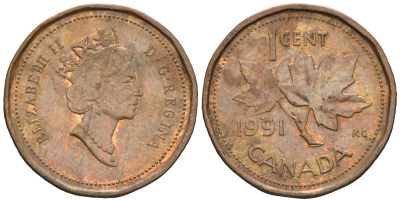 Канада 1 цент 1991 Елизавета II (1952-2022), кленовый лист KM 181 бронза 4609-237
