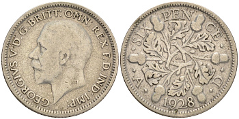 Великобритания 6 пенсов 1928 Георг V (1910-1936) KM 832, Spink 4040 серебро 75-1211