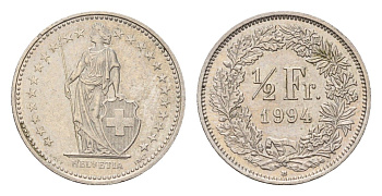 Швейцария 1/2 франка 1994 KM 23a медно-никель 187-561