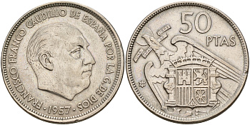 Испания 50 песет 1957 (59) Франциско Франко (1939-1975) KM 788 медно-никель    4599-621