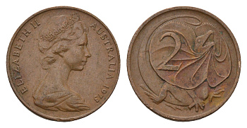 Австралия 2 цента 1973 Елизавета II (1952-2022), плащеносная ящерица KM 63 бронза 3336-136
