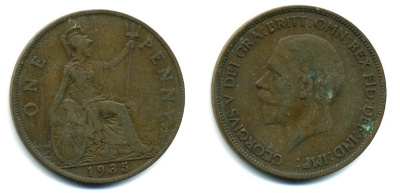Великобритания 1 пенни 1935 Георг V (1910-1936) КМ 838, Spink 4055 бронза 41-1234