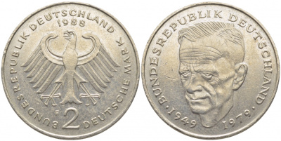 ФРГ 2 МАРКИ 1988 F, КУРТ ШУМАХЕР KM 149, J. 424 медно-никель плакированный никелем 3856-356