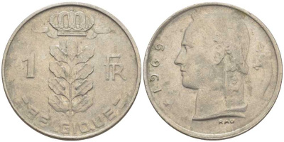 БЕЛЬГИЯ 1 ФРАНК 1969 BELGIQUE, БОДУЭН I (1951-1993) KM 142.1 медно-никель 119-511
