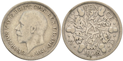 Великобритания 6 пенсов 1928 Георг V (1910-1936) KM 832, Spink 4040 серебро 75-1211