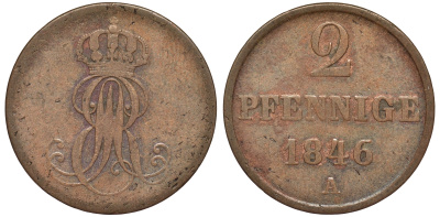 Ганновер 2 пфеннига 1846 A, Эрнст Август (1837-1851) KM 202.2, AKS 125, J. 75 медь 75-1841