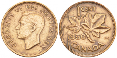 Канада 1 цент 1950 Георг VI (1937-1952), кленовый лист KM 41 бронза 4547-1065