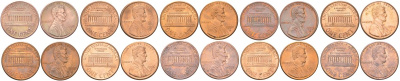 США набор из 10 монет (полная погодовка десятилетия, 1 цент) 1990-1999 D, Линкольн KM 201b цинк плакированный медью aUNC-UNC 4613-1251-1259