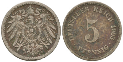 Германия 5 пфеннигов 1903 A, Вильгельм II (1888-1918) KM 11, J. 12 медно-никель 4615-733