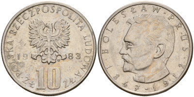 Польша 10 злотых 1983 MW, Болеслав Прус KM 73 медно-никель    4601-1116