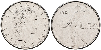 Италия 50 лир 1981 R, бог огня Вулкан у наковальни KM 95.1 нержавеющая сталь 4116-355