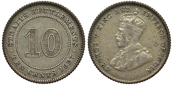 Стрейтс-Сетлментс 10 центов 1927 Георг V (1910-1936) КМ 29b серебро 53-635